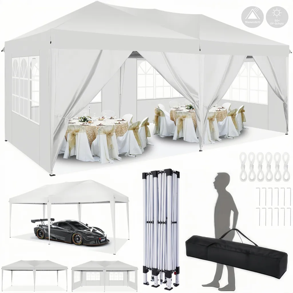 Pavillon pliable 3x6m imperméable avec 6 parois latérales et toit surélevé