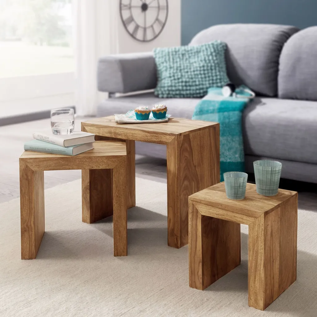 Set Tavolini Salotto Legno Massello FineBuy - Design Salvaspazio - 1
