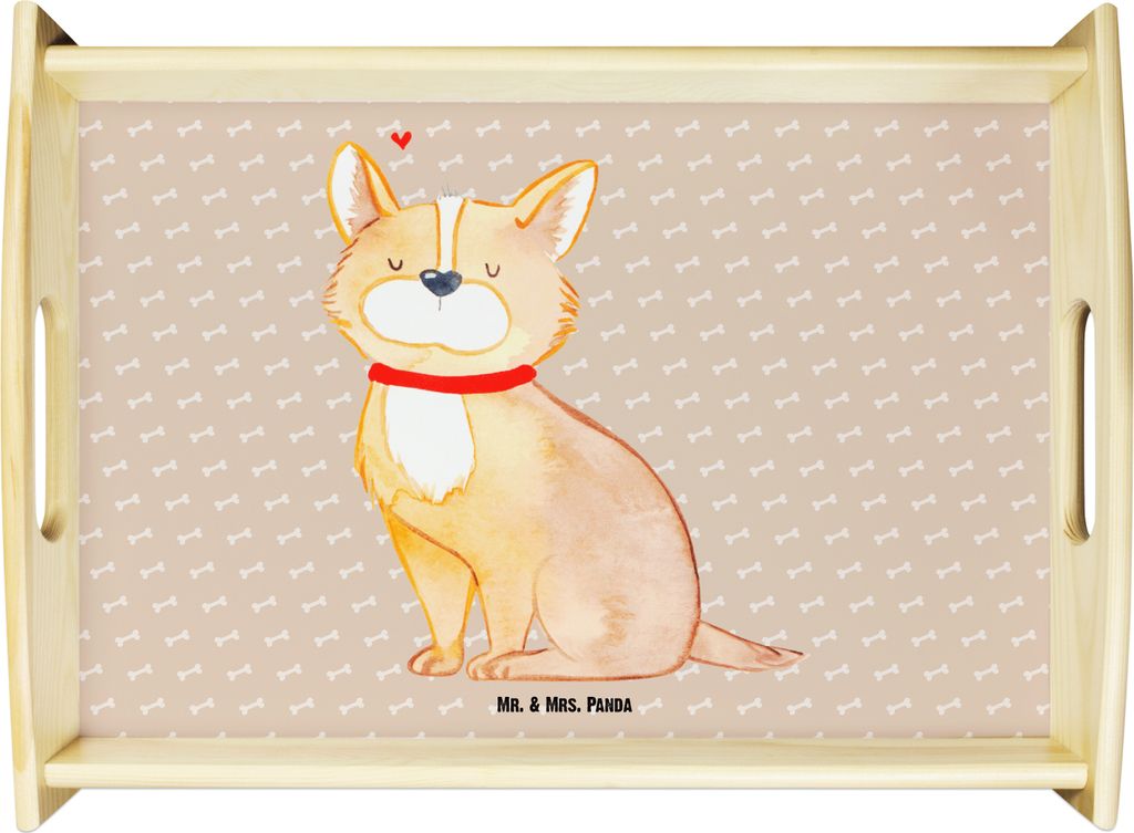 Mr. & Mrs. Panda Serviertablett Hund Glück - Hundeglück - Geschenk, Corgie, Servier Tablett, Spruch, Herz, für bett, Sprüche, holz, Liebe, Deko...