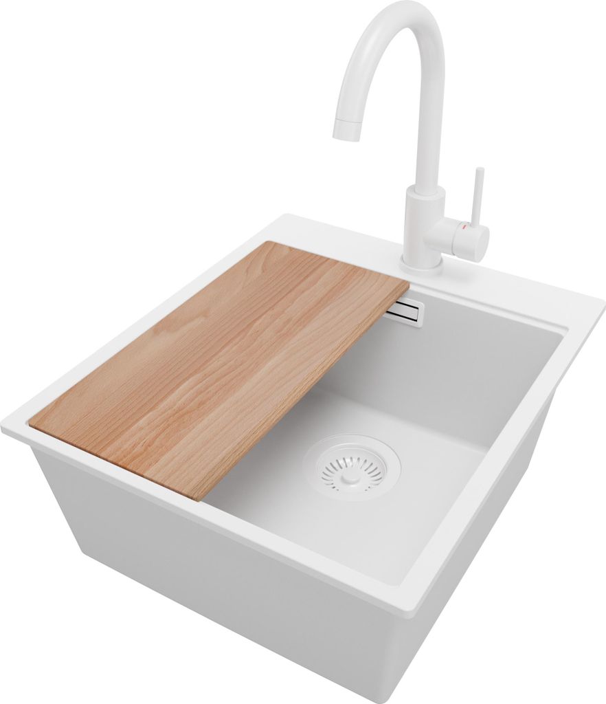 PRIMAGRAN Granitspüle Alles Weiß 43x50cm, Spülbecken 1 Becken + Küchenarmatur 32x20cm + Ablauf-Set + Schneidebrett, Küchenspüle ab 45er Unter...