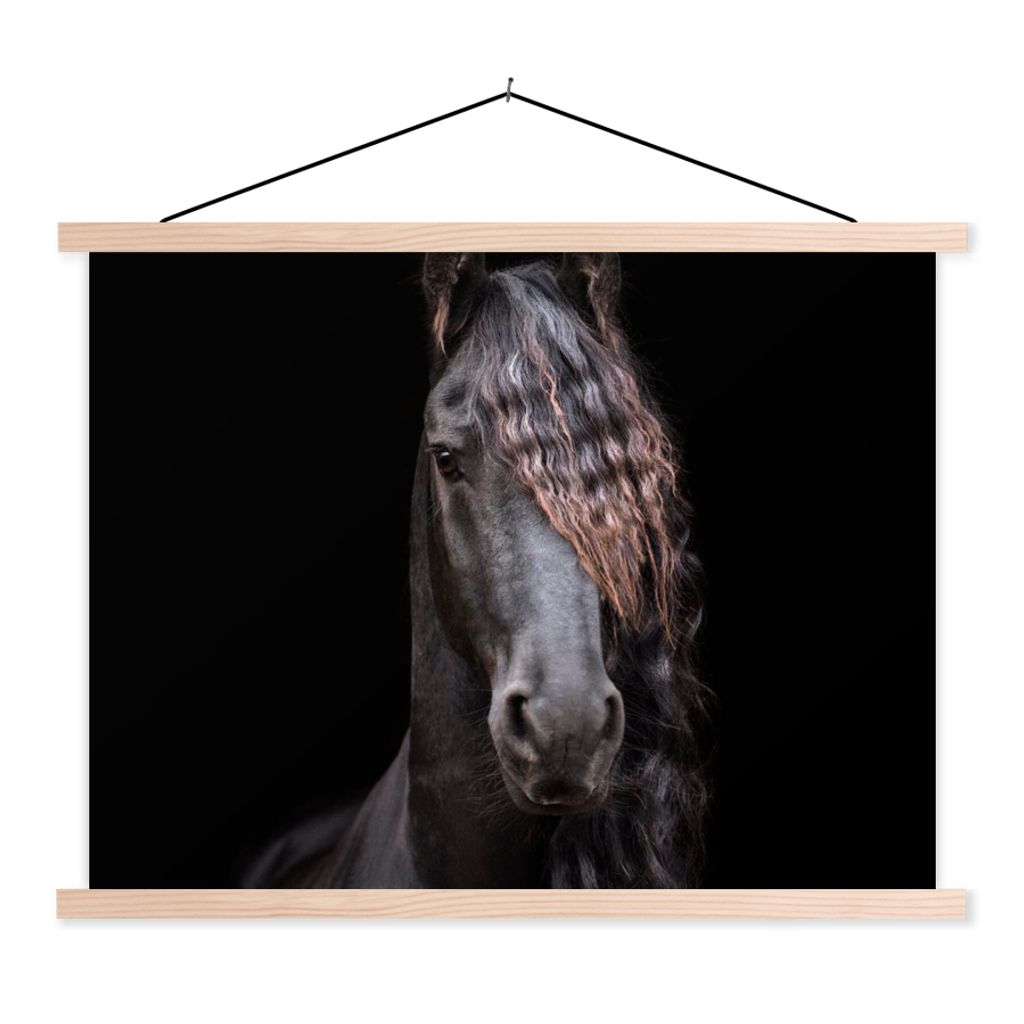 MuchoWow Textilposter Pferde - Friesisch - Mähne - Schwarz - Tiere 40x30 cm mit holzfarbenen Rahmen - Bilder