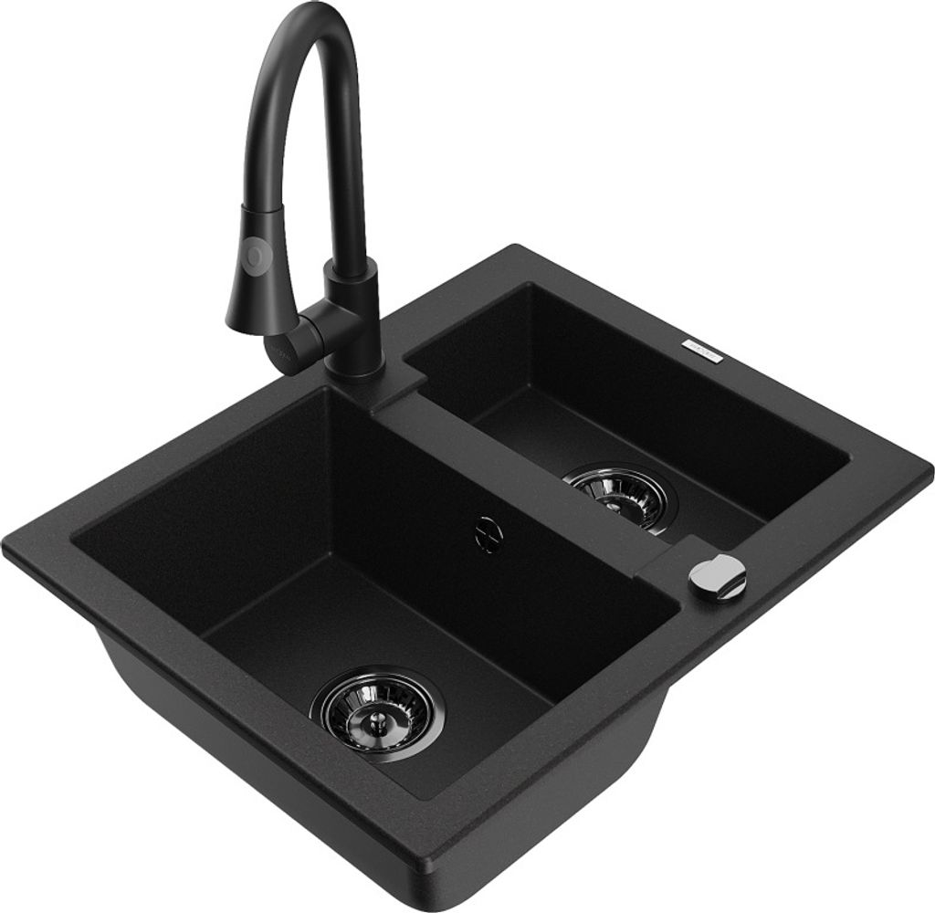 Mexen Carlos 1,5-Becken-Granitspüle mit Mischbatterie Elia, Schwarz - 6518-77-670101-70-B