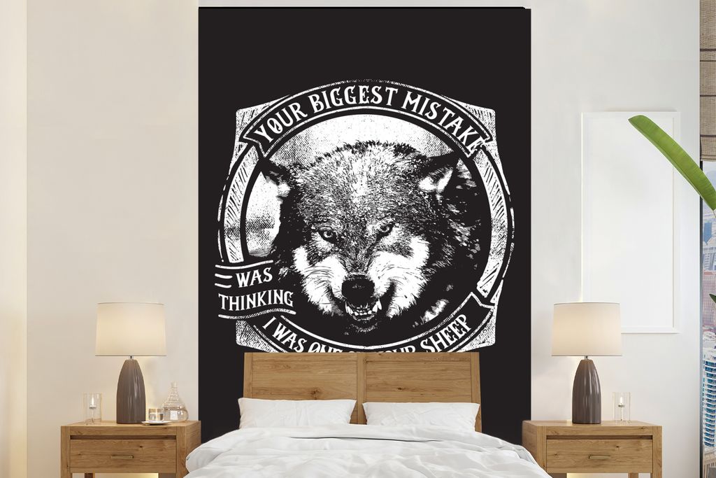 MuchoWow Fototapete für Wohnzimmer oder Schlafzimmer Wandtapete Vinyl Motivtapete Wolf - Retro - Schwarz - Weiß - 145x220 cm - Wanddekoration