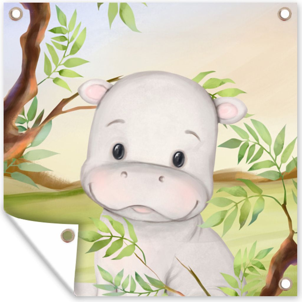 MuchoWow 50x50 cm Outdoor-Poster Gartendeko Sichtschutz Garten Poster für den Garten Nilpferd - Dschungel - Blätter