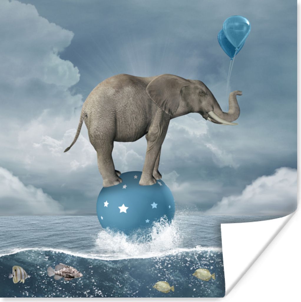 MuchoWow Poster Elefant - Luftballons - Fisch - Meer 75x75 cm - Wand Dekoration
