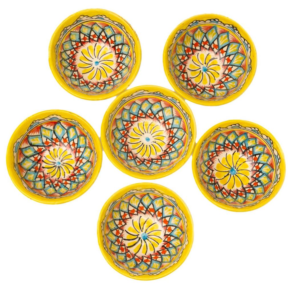 6 Keramikschalen 200 ml Piyola klein handgefertigt Muster (Gelb) - Usbekischer Schälchen mit handbemaltem Design