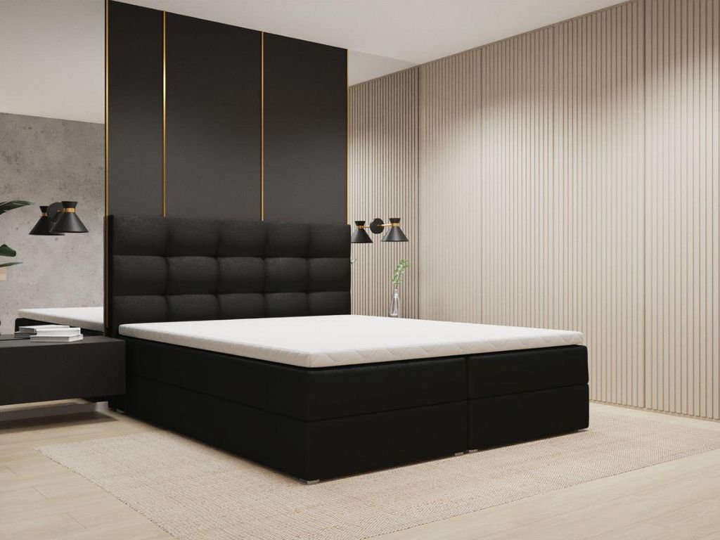 FurniDe24 Boxspringbett Piko 140x200 - Bett mit Matratze und Topper – Kontinentalbett mit Bettkasten und Matratze – Doppelbett Schwarz (Kronos 07)
