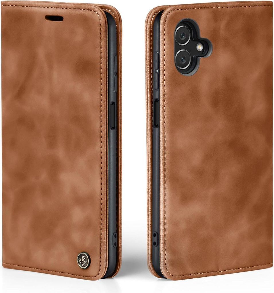 A brown leather flip case for a smartphone is shown from two angles.