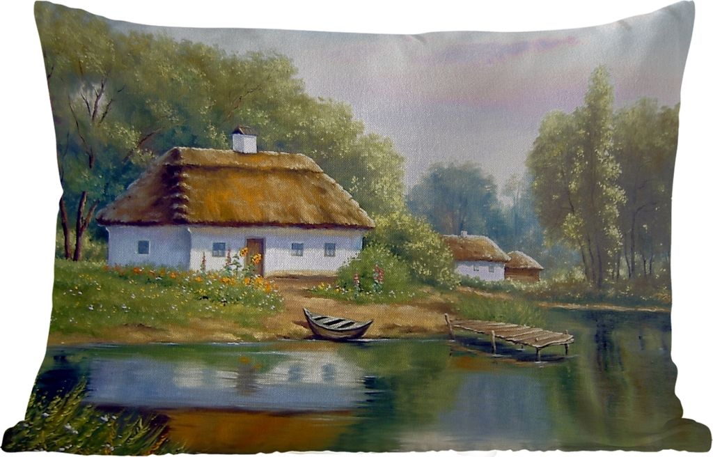MuchoWow Outdoor Kissen - Malerei - Haus - Natur - Wasser - Ölfarbe - 50x30 cm - Wetterfest - Lounge Kissen - Sofa kissen - Wohnzimmer Dekoration