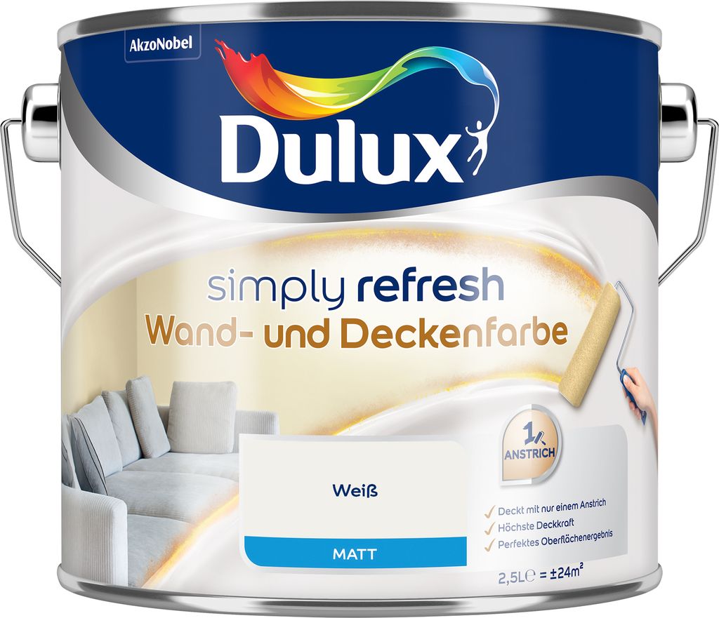 Dulux Simply Refresh Wand und Deckenfarbe - Weiß - 2,5 l - Erfrischende, langlebige Innenfarbe für ein schönes Zuhause