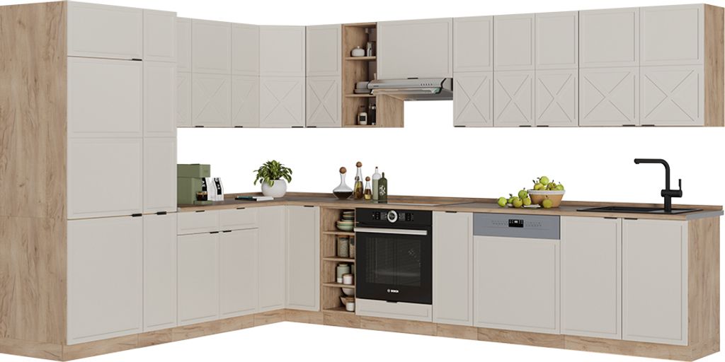 Eckküche Vicco Fame-Line GrauBeige/Goldkraft Eiche 347 x 46 cm ohne Arbeitsplatte, Model 50524