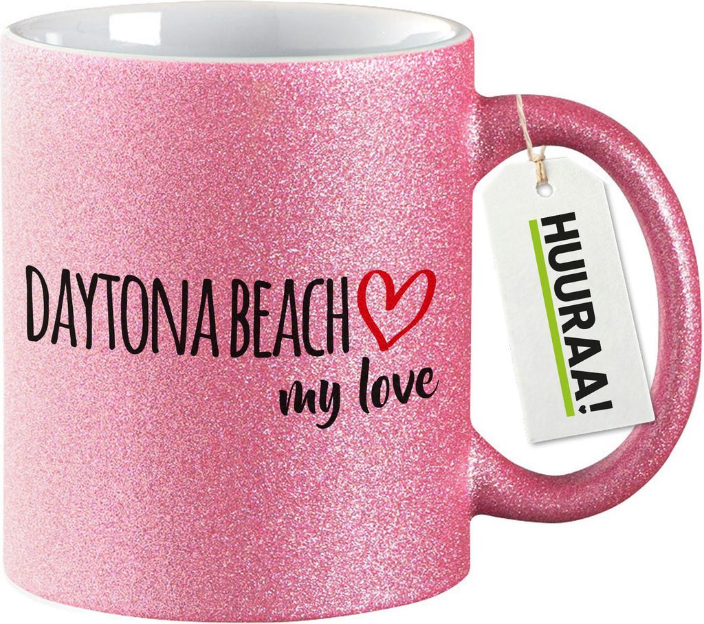 Huuraa Glitzertasse Daytona Beach my love 330ml Pink Keramik Kaffeebecher Geschenkidee