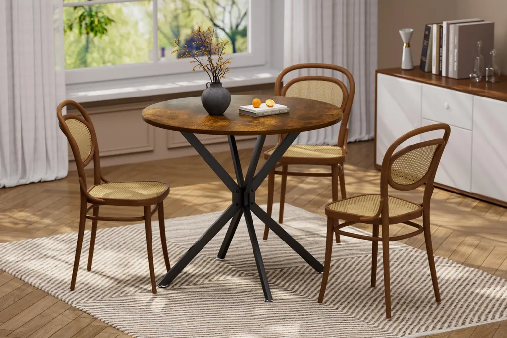 Petite table de cuisine ronde pour 4 personnes style industriel brun
