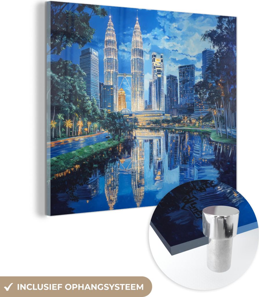 MuchoWow Glasbilder - Bilder auf Wandbild - Foto auf Glas Stadt Kuala Lumpur - Skyline - Wolkenkratzer - Wasser 40x40 cm Wanddekoration aus Glas - ...