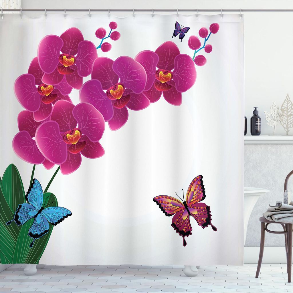 ABAKUHAUS Orchideen Duschvorhang, Botanische Komposition mit rosa Orchideen-Blumenstrauß und Fliegen Bunte Schmetterlinge, 175 x 220 cm, Mehrfarbig