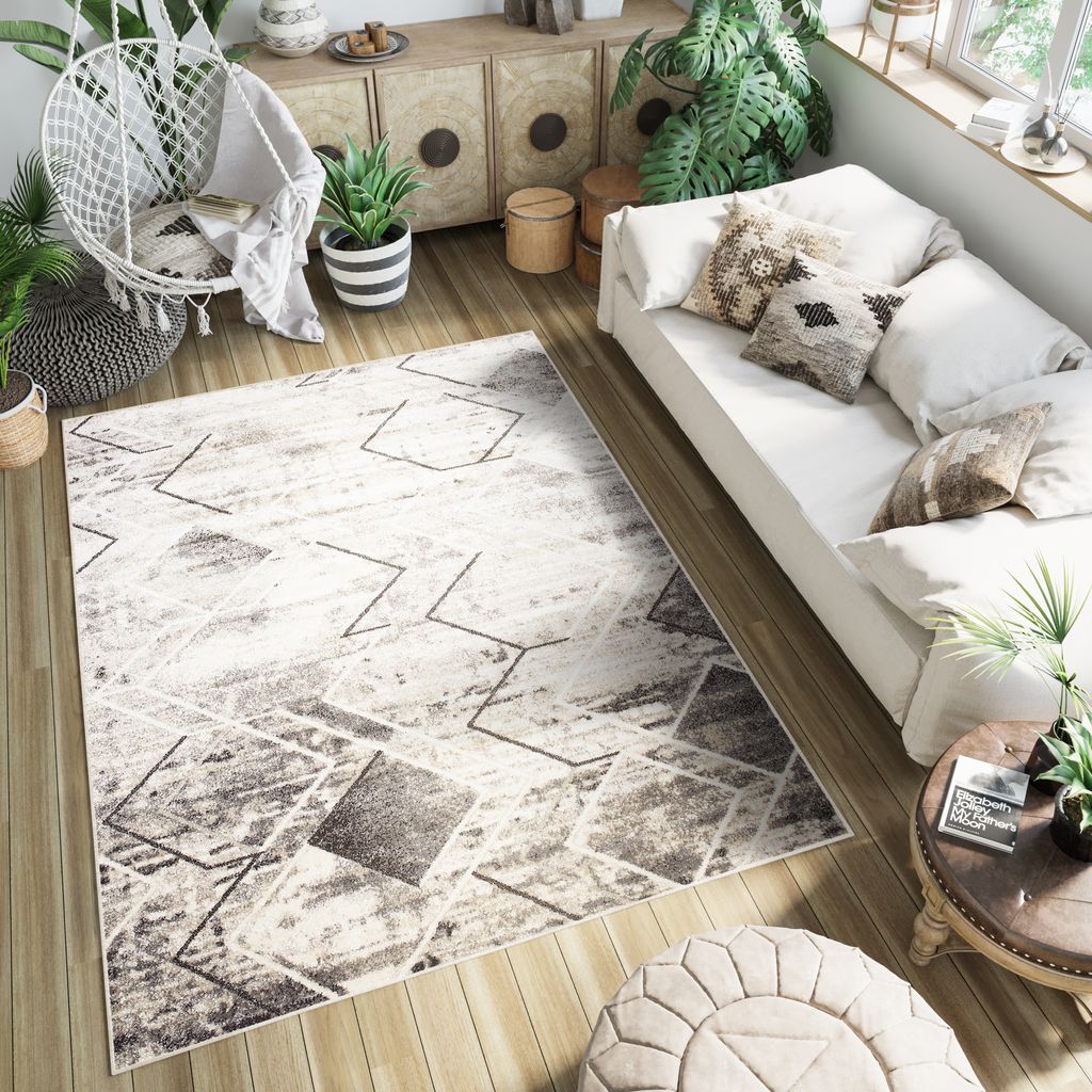 Teppich Wohnzimmer Schlafzimmer Design Abstrakt Beige Braun Meliert Kurzflor 120 x 170 cm