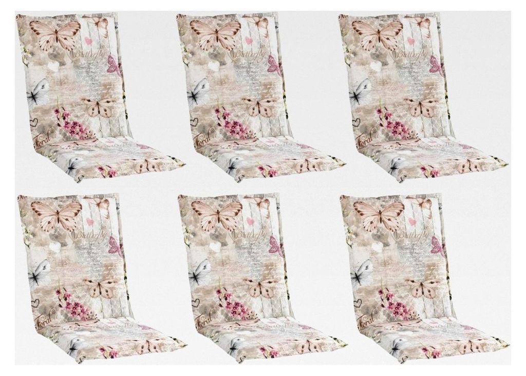 Gartenstuhlauflagen Mittellehner 6er Set - 110 x 50 cm - Beige - Baumwolle - Polyester - Schmetterlingsmotiv
