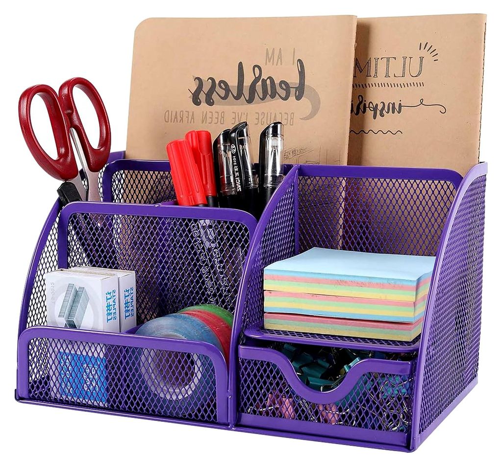 7 Fächer Metall Schreibtisch Organizer Stiftehalter Stiftköcher Vielseitig Utensilienschalen Büro Organisation Zubehör Ablage mit Schublade,Vio...