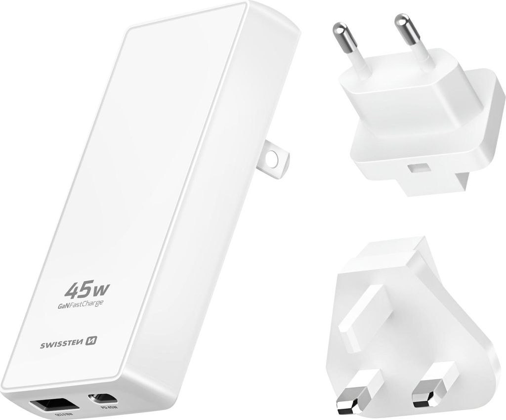Swissten, 45W GaN Ladegerät USB-C / USB EU UK US Steckdosenadapter, Weiß