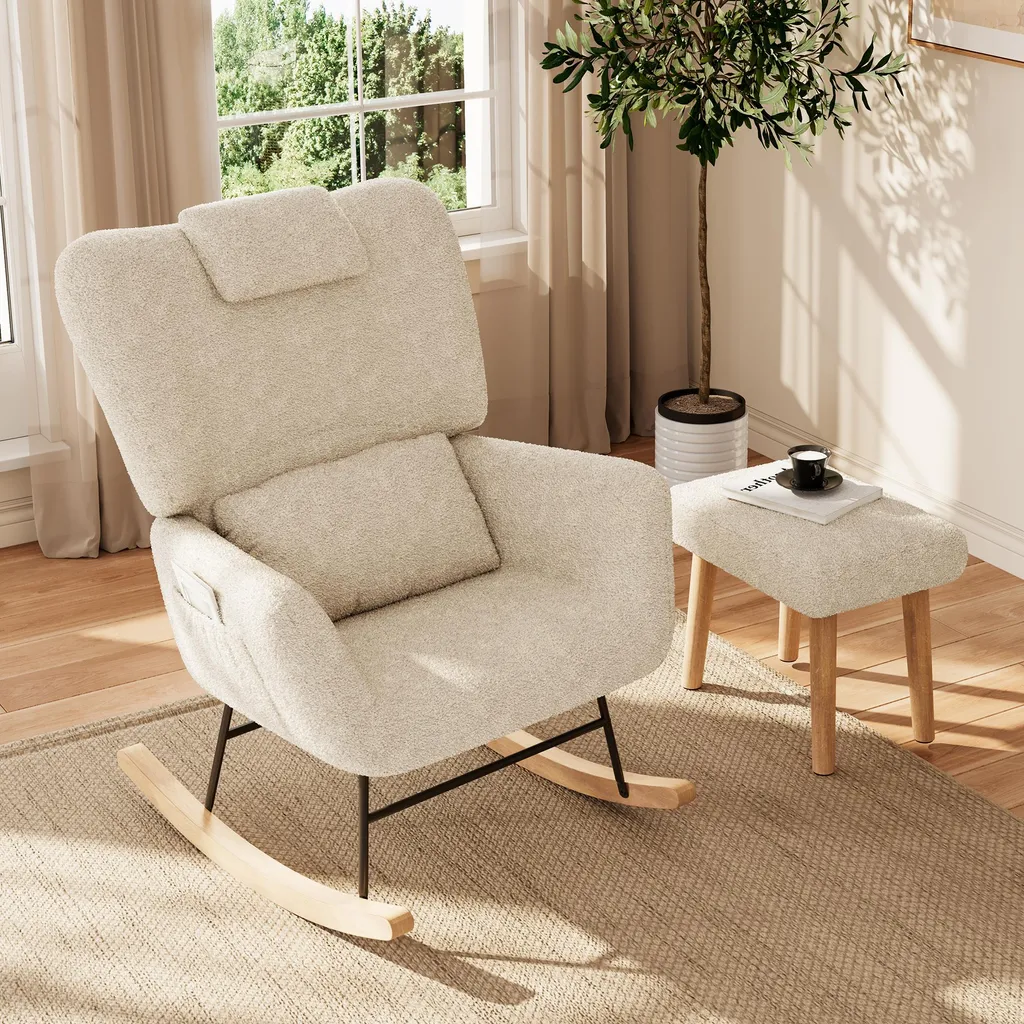 UnboxG Schaukelstuhl mit Hocker Beige, Ergonomischer