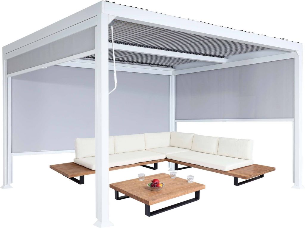 Alu Pergola MCW-L41 mit 3x Seitenwand, Lamellen-Pavillon, stabiles 8cm-Metall-Gestell 3x3,7m weiß