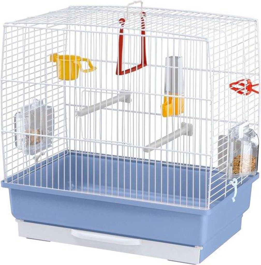 Vogelkäfig für Exoten und Kanarien - Drehfutter - Stabiler lackierter Metallrahmen - Weißblaue Kunststoffunterlage - 39 x 25 x 41 cm