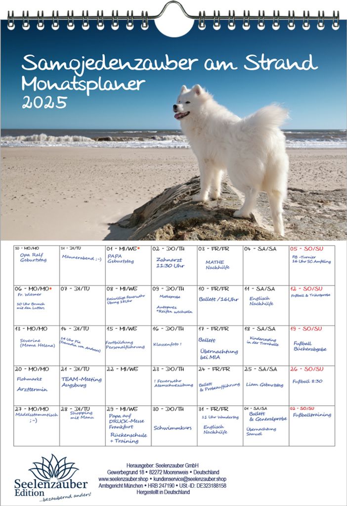 Smojedenzauber am Strand Planer DIN A4 Kalender für 2025 Hunde Smojeden - Seelenzauber