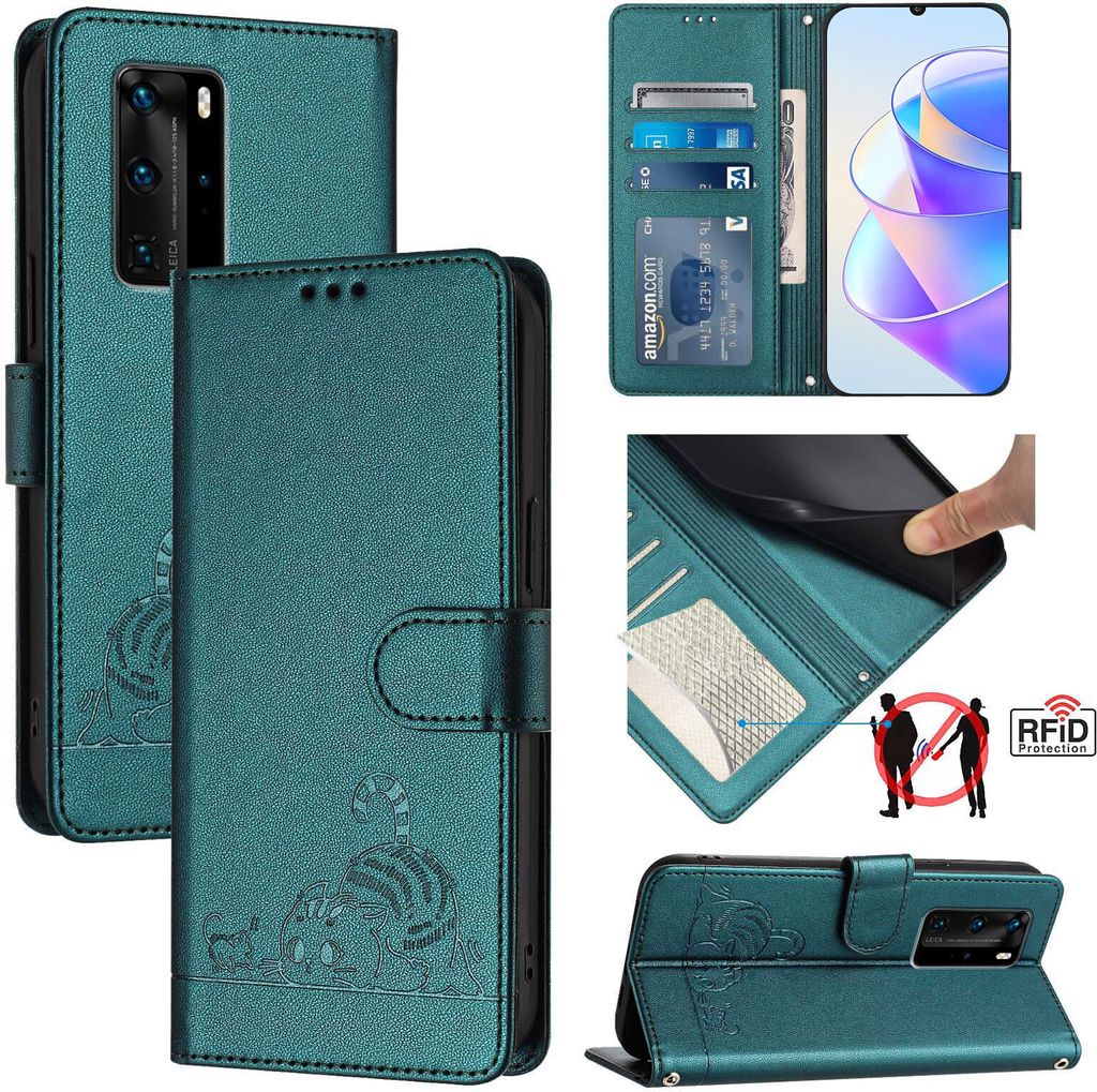 Leder Hülle für Huawei P40 Pro Süße Katze Flip Case Brieftasche Schutzhülle mit Standfunktion Grün
