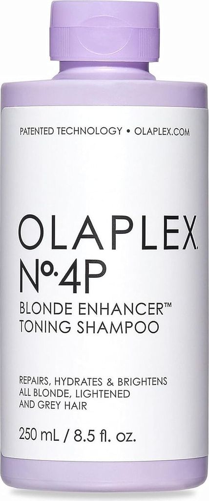 A bottle of Olaplex No.4P Blonde Enhancer Toning Shampoo against a white background.