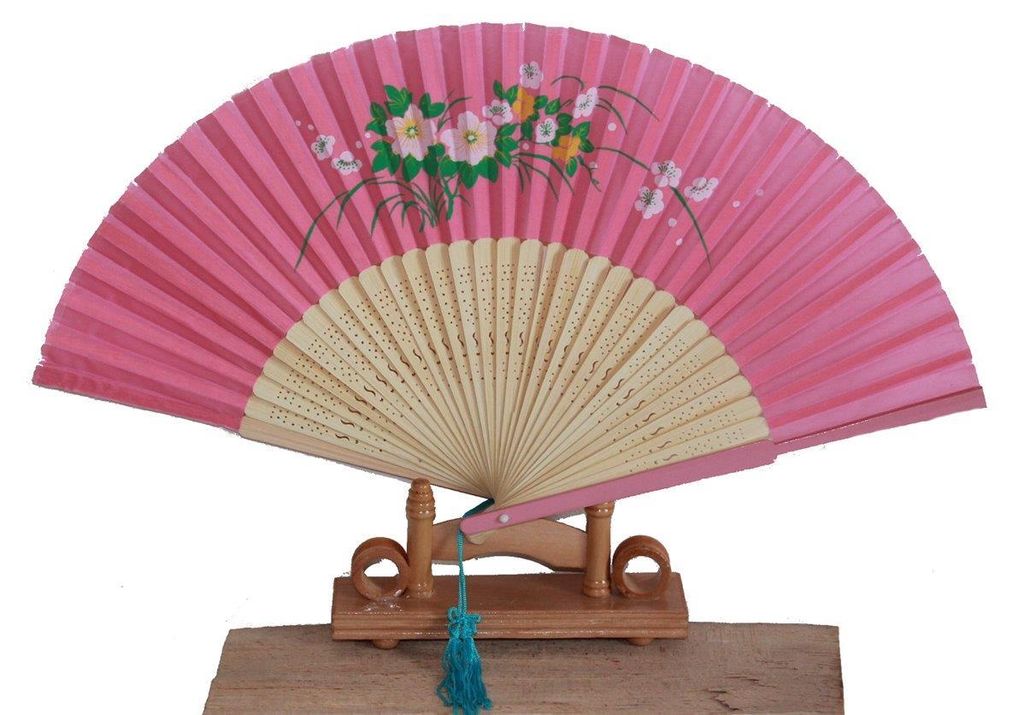 093 Tanz-, Deko-, Sommer,- Zier- Fächer, Blumen rosa Bambus Produktbild 