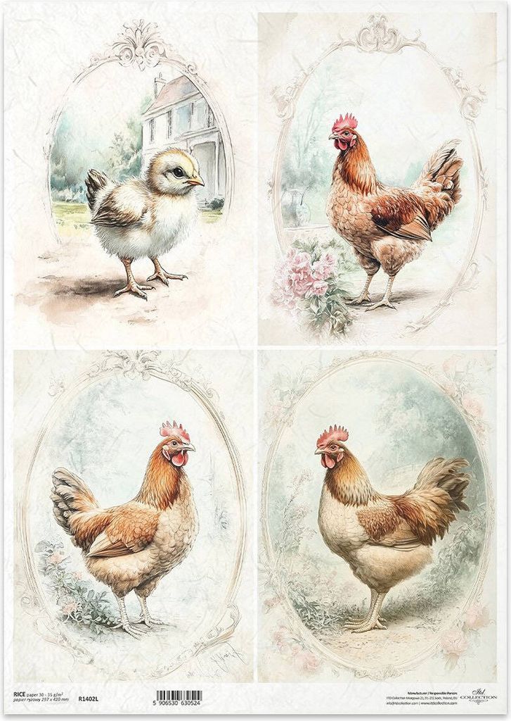 Reispapier Decoupage Bastelpapier für Decoupage A3 ITD-1402L Hennen Hühner Rahmen