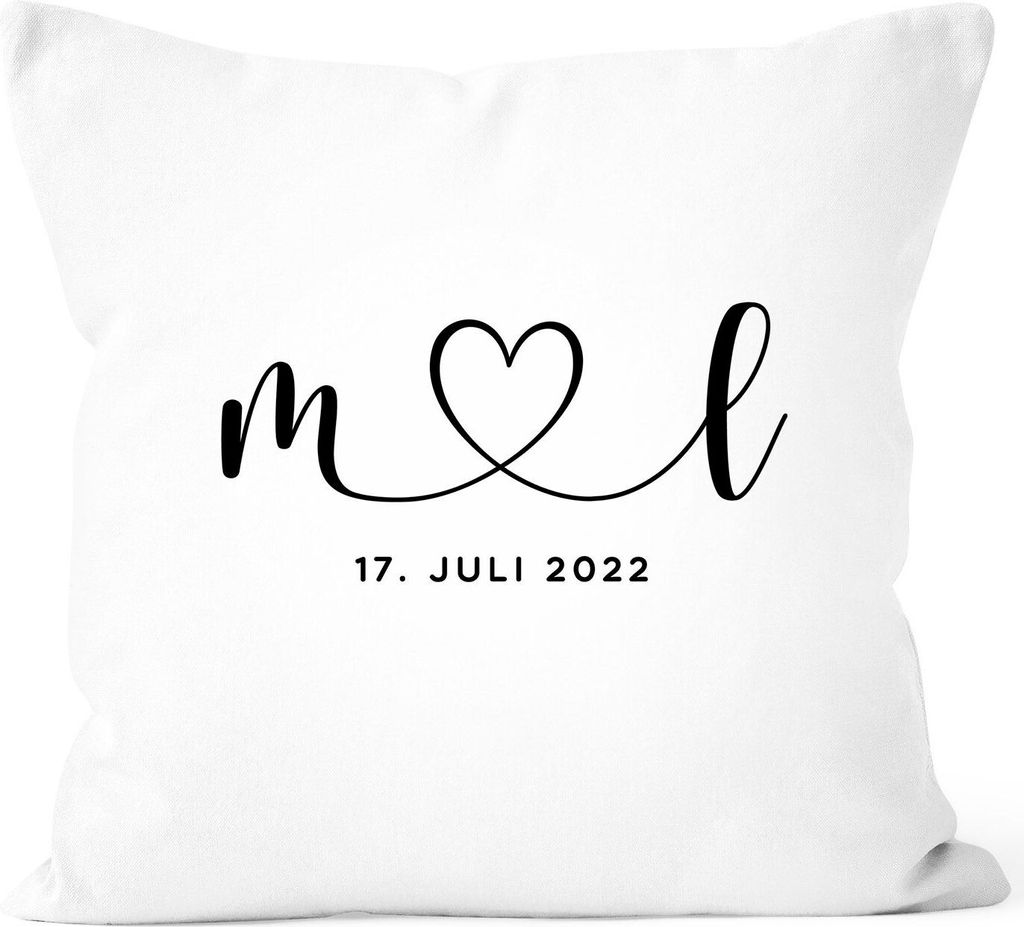 Kissen-Bezug Hochzeit personalisiert mit Initialen Anfangsbuchstaben und Herz Datum Hochzeitsgeschenk Kissenhülle SpecialMe weiß standard