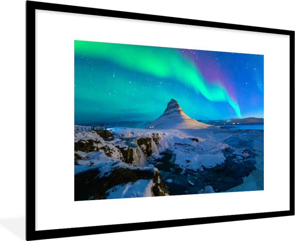 MuchoWow MuchoWow Gerahmtes Poster Nordlichter - Berge - Island 90x60 cm - Poster mit zchwarzem Bilderrahmen - Wanddekoration - Fotos