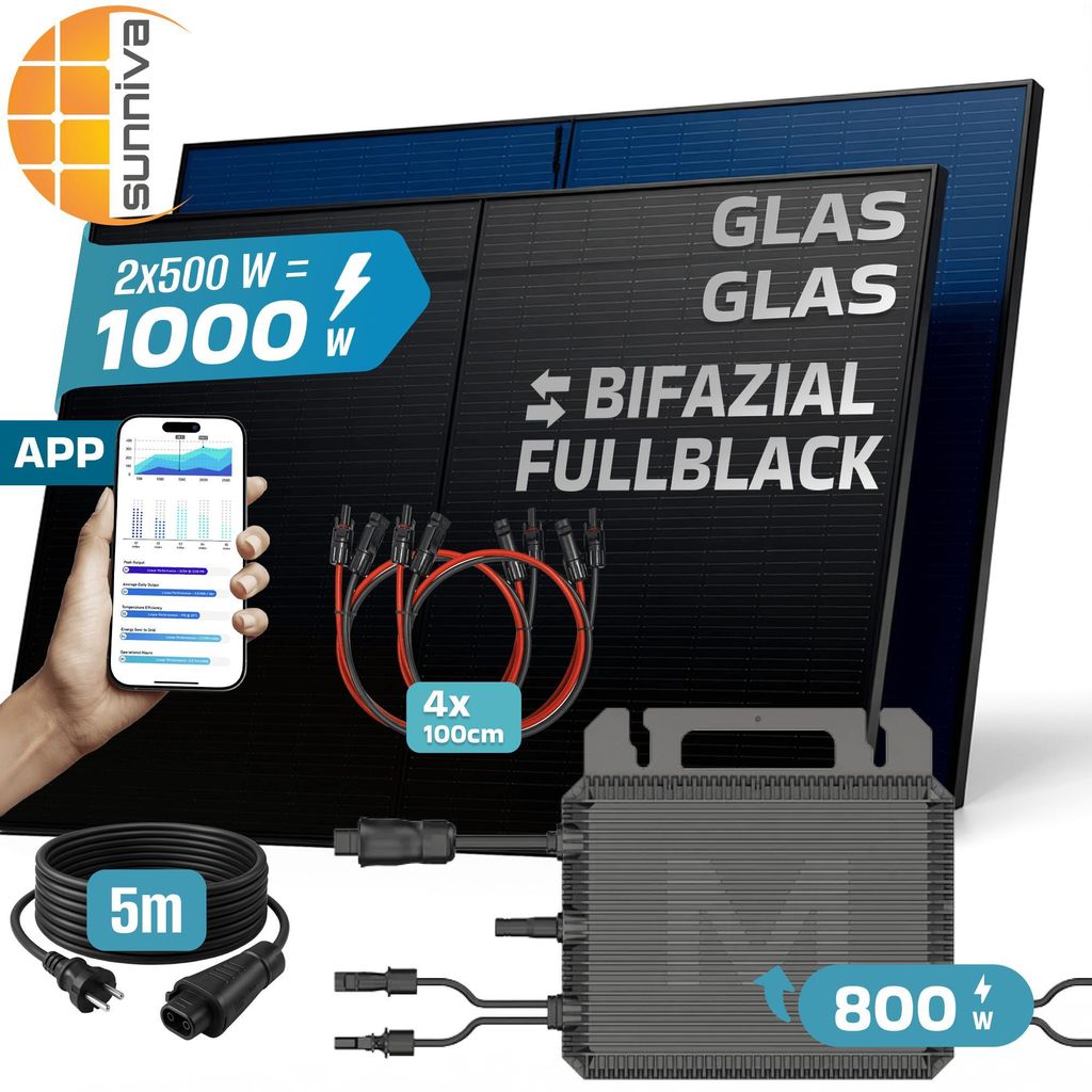 SUNNIVA 1000W Balkonkraftwerk BIFAZIAL FULLBLACK komplett Steckdose MARSTEK 800W Wechselrichter, PV Solaranlage, 5m Kabel, Bluetooth WIFI