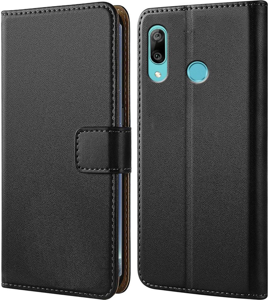 A black flip case for a smartphone is shown from the front and back.