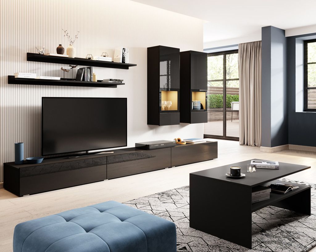 Wohnwand inkl. Couchtisch und LED Beleuchtung ARVADA-83 in schwarz Hochglanz mit schwarz matt, B/H/T: ca. 270/200/41 cm