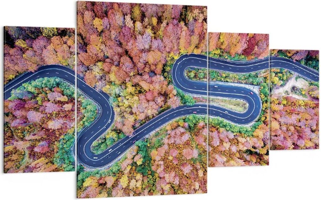 Bild auf Leinwand - Leinwandbild - 4 Teile - Kurvenreich Weg Wald - 160x90cm - Wand Bild - Wanddeko - Wandbilder - Leinwanddruck - Bilder - Wanddek...