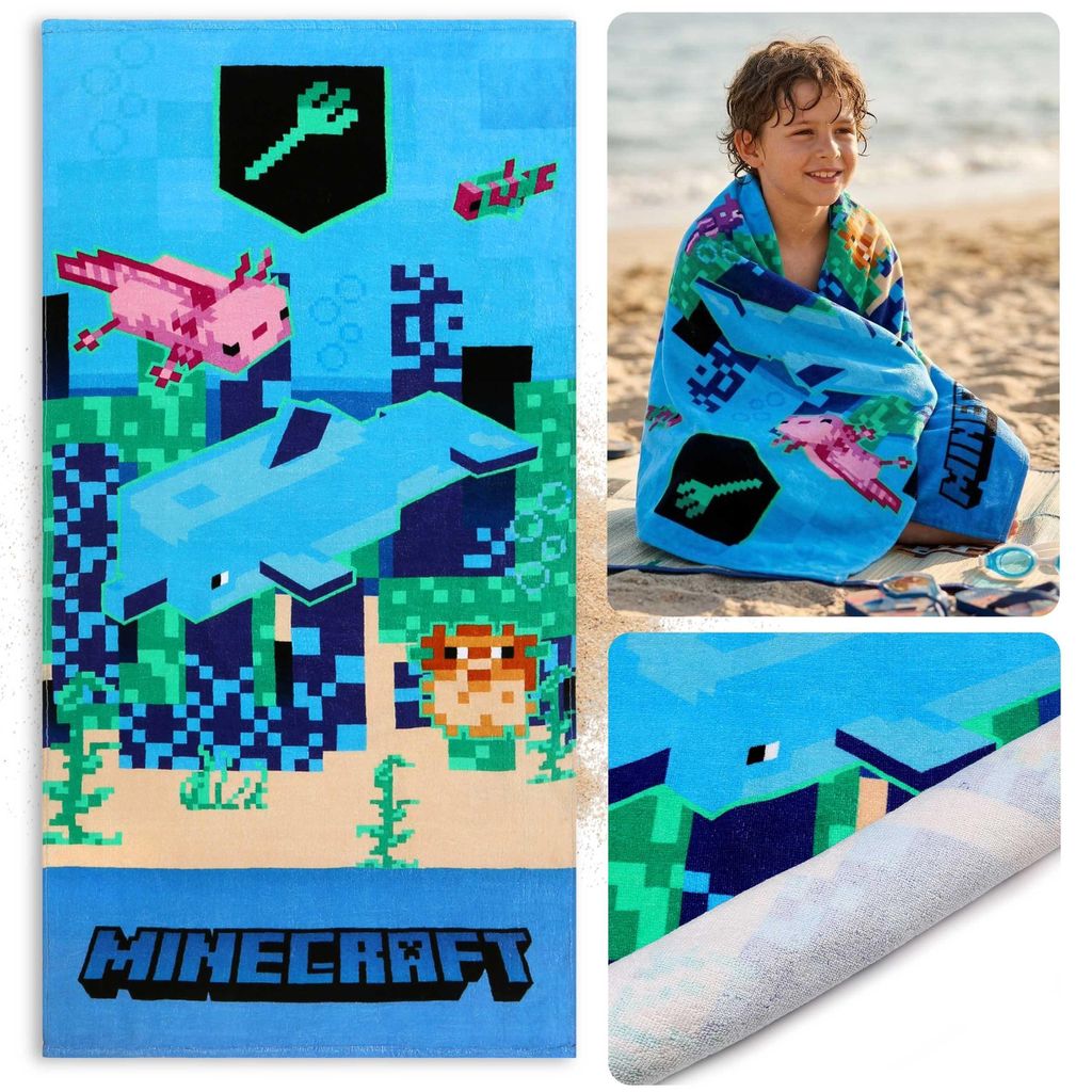 Minecraft Strand- und Badetuch, 70x140 cm, 100% Baumwolle, schnell trocknend,