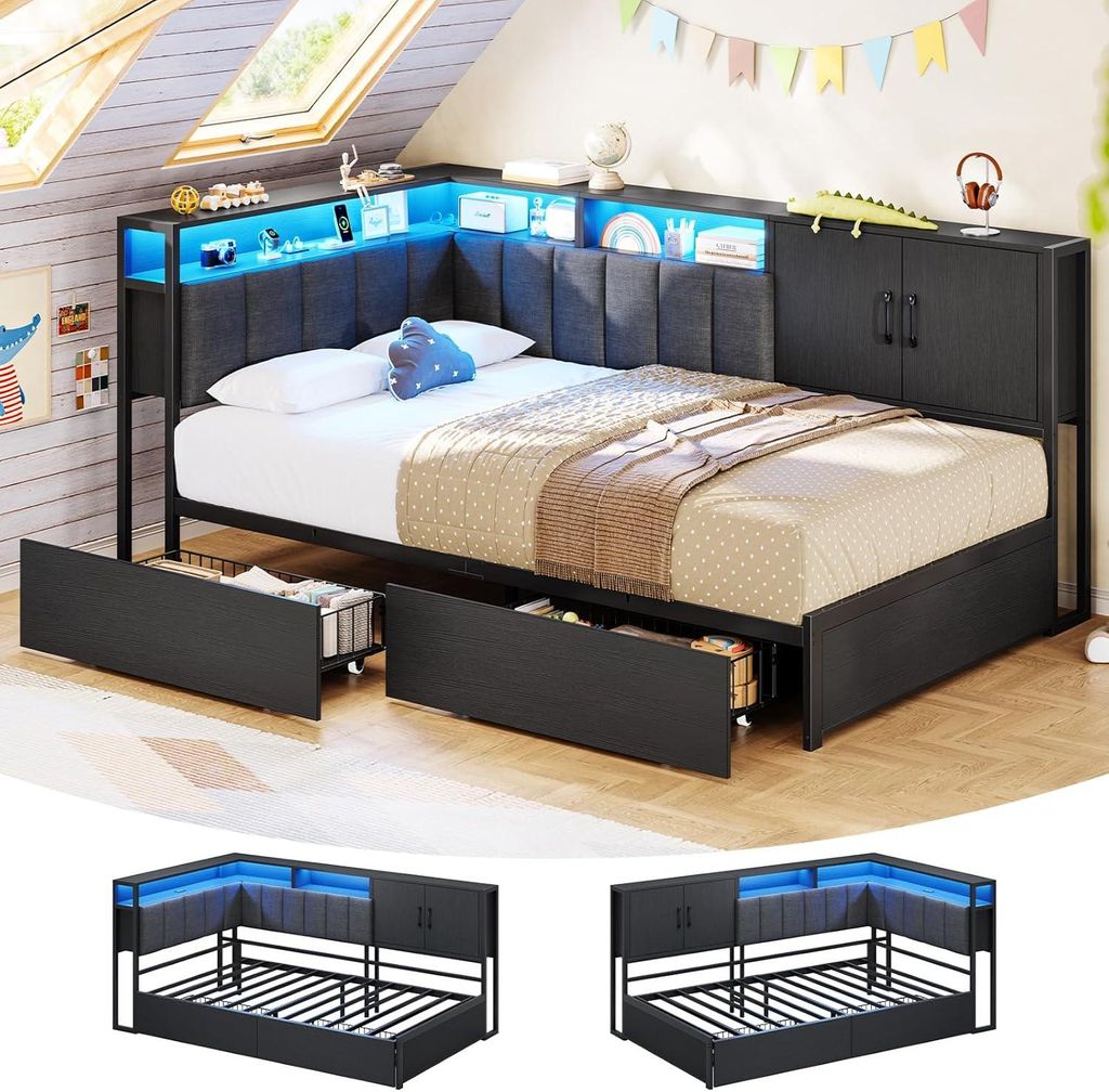 AODEMOKO Polsterbett mit LED-Beleuchtung, Ladestation, 2 Produktbild 