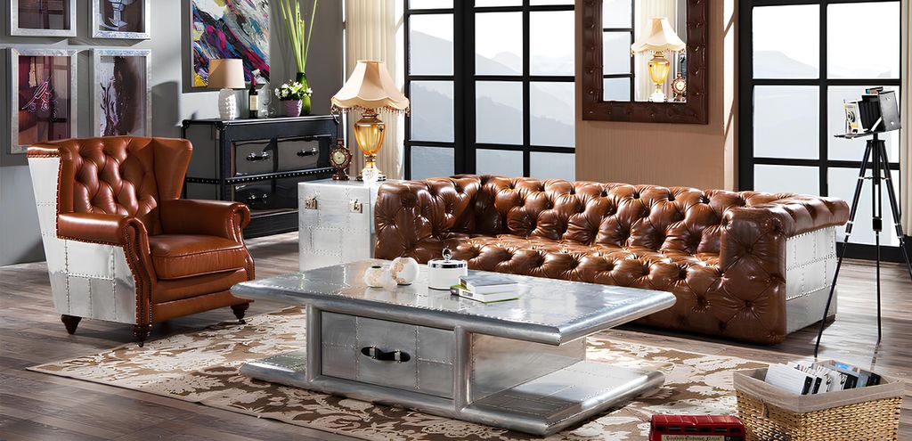 Ledersofa Sofa 3 Sitzer Vintage Leder Möbel Dreisitzer Couch Aluminium Couchen