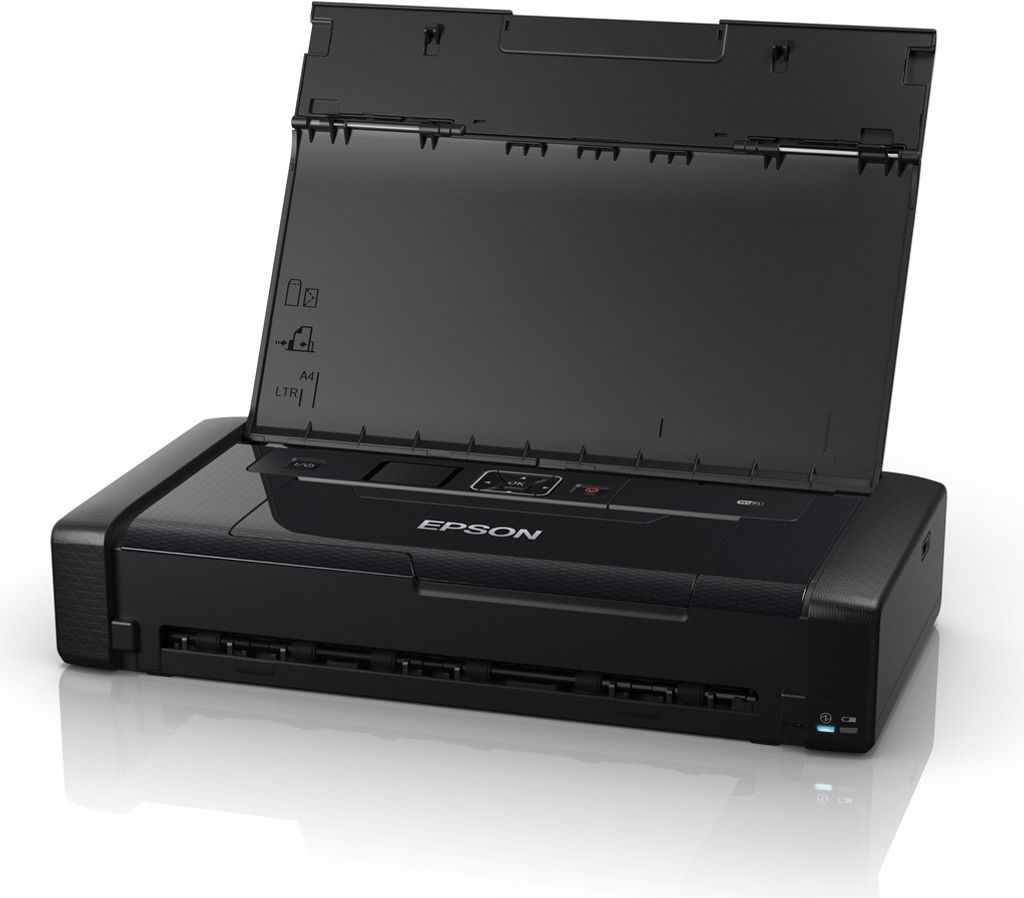 A black Epson WorkForce WF-110W portable printer with its lid open, shown against a white background.