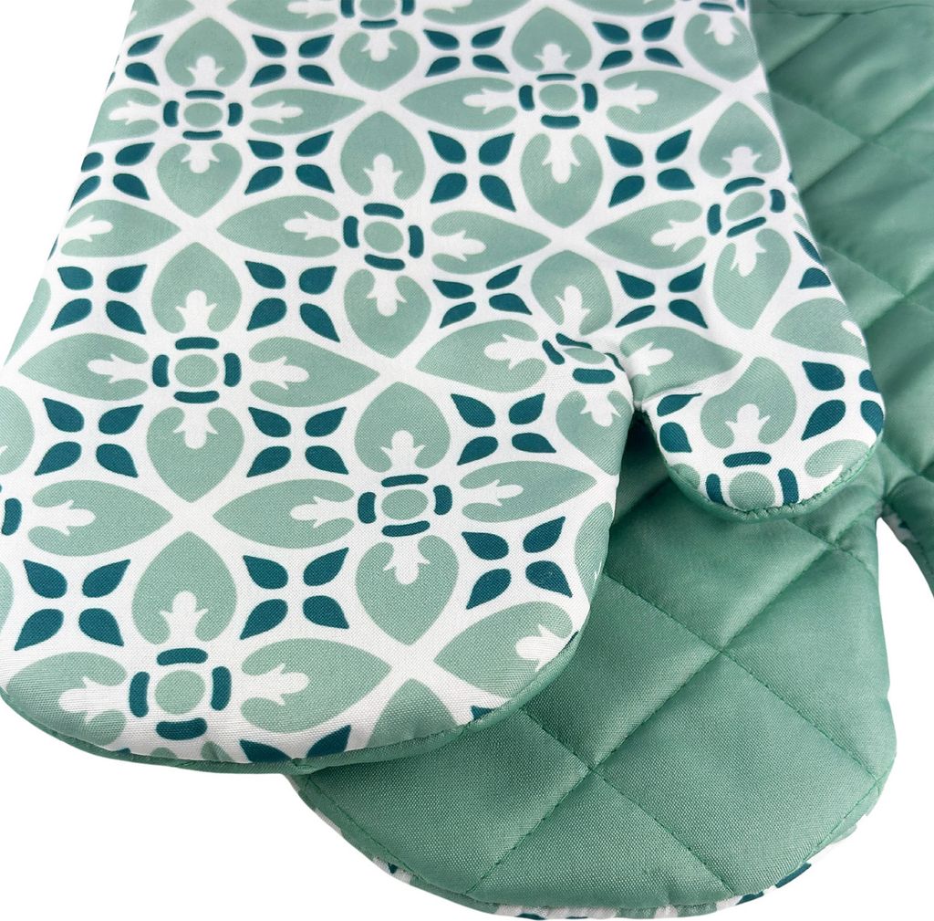 A close-up view of two oven mitts with a geometric pattern.