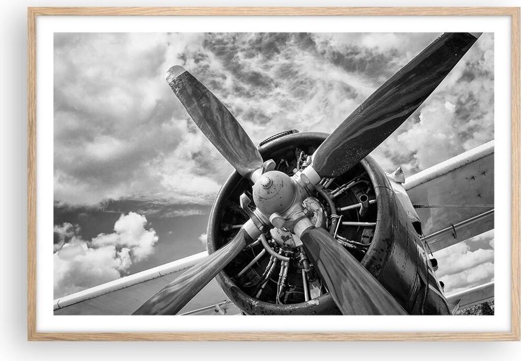 Gerahmtes Poster - Rahmen in heller Eiche - Motor Schwarzweiß Propeller - 91,5x61 cm - Wand Bild - Wanddeko - Wandbilder - Wandposter - Bilderrahm...
