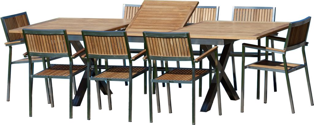 ALEOS. Gartengarnitur Edelstahl Teak Set: Ausziehtisch 200-260x100 cm + 8 stapelbare Sessel Edelstahl Teak A-Grade Holz Sitzgruppe - Gartenmöbel S...