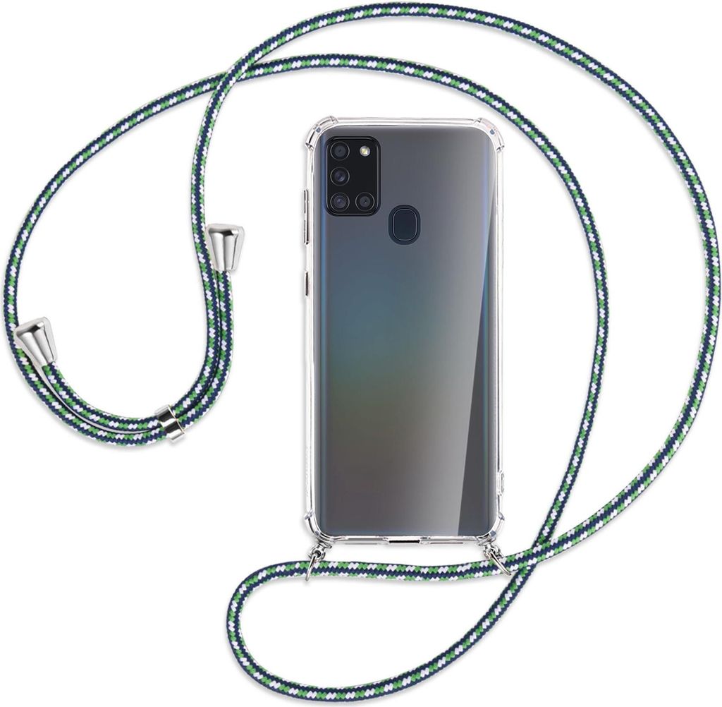 Handykette Backcover-Schutzhülle mit Band (Metall silberfarben) für Samsung Galaxy A21s - grün/blau/weiß