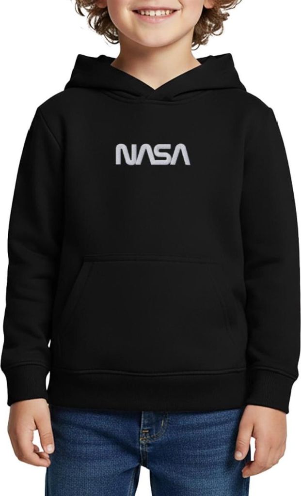 Spreadshirt Nasa Logo Weiß Stick Kinder Premium Hoodie, 134/140 (8 Jahre), Schwarz