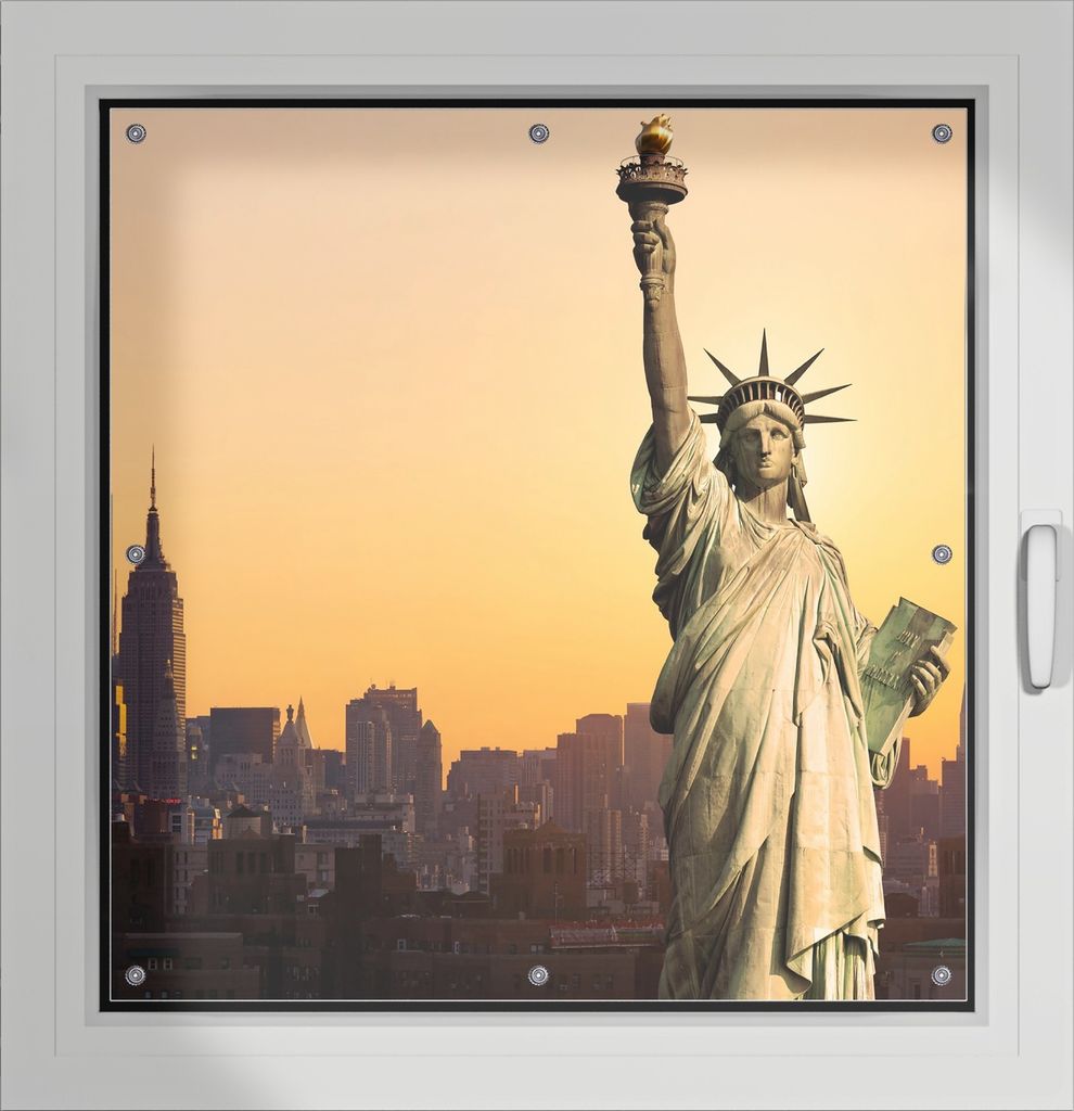 Wallario Lichtschutzbild, Dekorativer Sichtschutz Sonnenschutz 96 x 93 cm mit Motiv: Freiheitsstatue New York - Verdunklung ohne Bohren