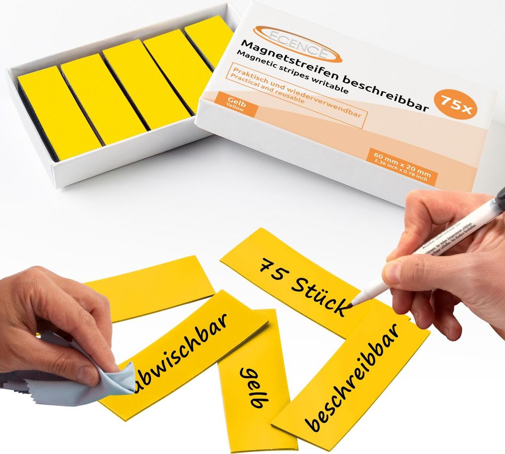 A product shot showing a box of magnetic strips and some individual strips being written on and cleaned.