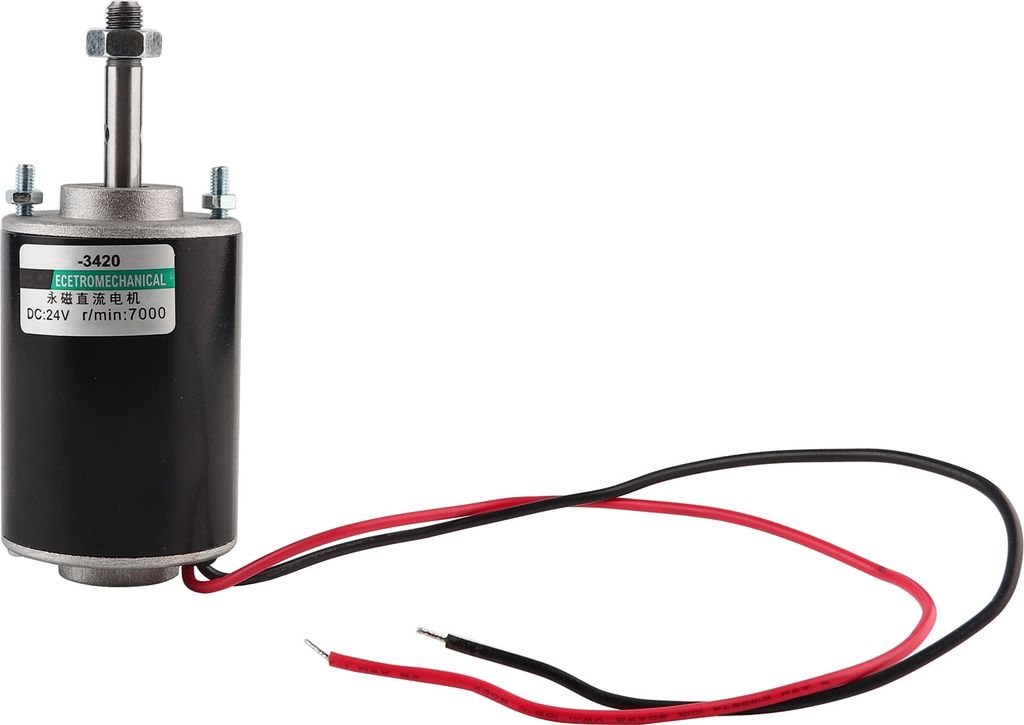 A black DC motor with a silver shaft and wires.