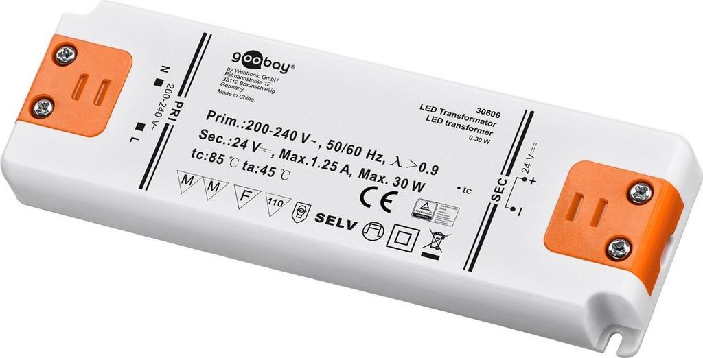 Goobay 30606, Elektronischer Beleuchtungstransformator, Orange, Weiß, IP20, -20 - 45 °C, CE, RoHS Directive 2011/65/EU [OJEU L174/88-110, 01.07.2...